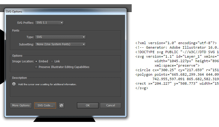 SVG options when saving a file for web design